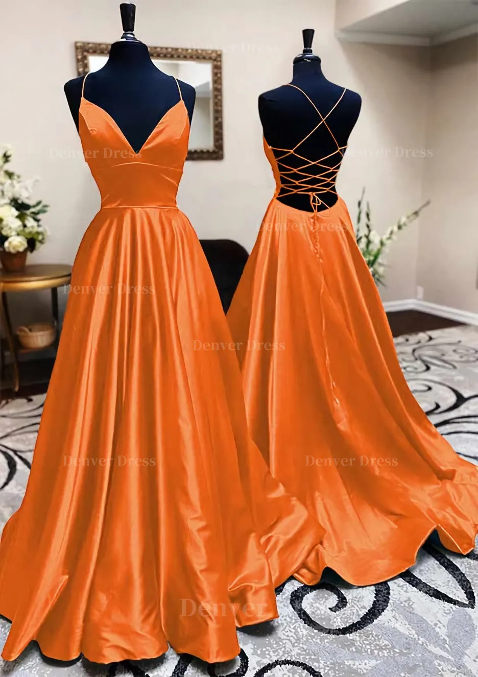 kamahe A-line V Neck Spaghetti Straps Long/Floor-Length Charmeuse Prom Dress With Pleated