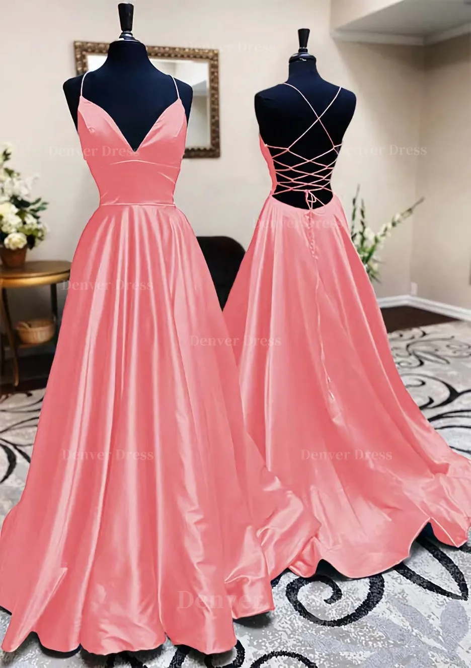 kamahe A-line V Neck Spaghetti Straps Long/Floor-Length Charmeuse Prom Dress With Pleated