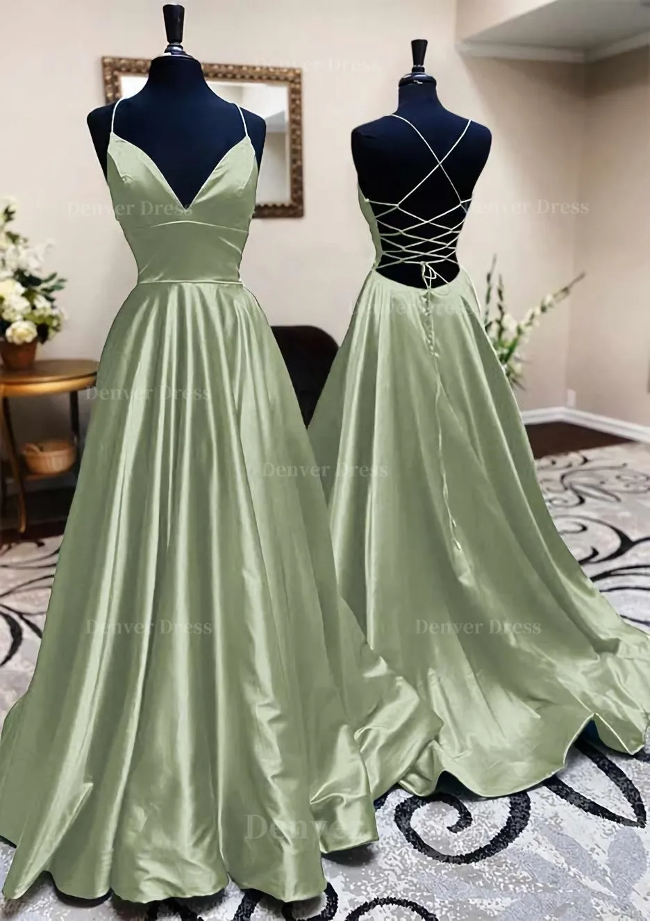 kamahe A-line V Neck Spaghetti Straps Long/Floor-Length Charmeuse Prom Dress With Pleated