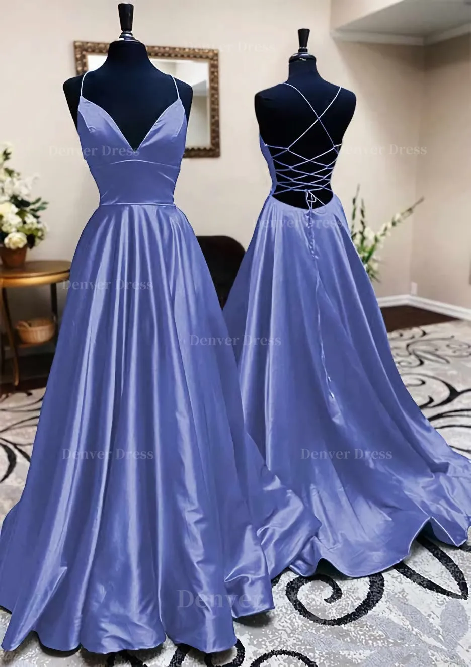 kamahe A-line V Neck Spaghetti Straps Long/Floor-Length Charmeuse Prom Dress With Pleated