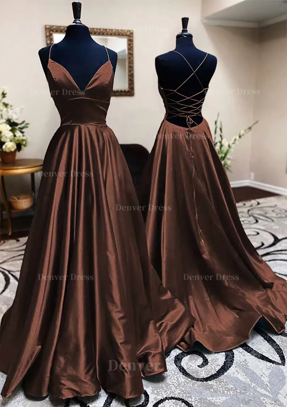 kamahe A-line V Neck Spaghetti Straps Long/Floor-Length Charmeuse Prom Dress With Pleated