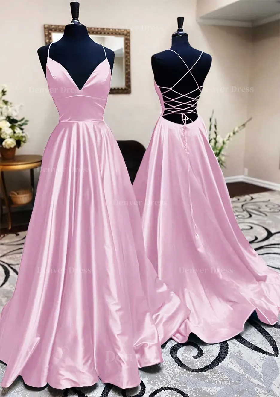 kamahe A-line V Neck Spaghetti Straps Long/Floor-Length Charmeuse Prom Dress With Pleated