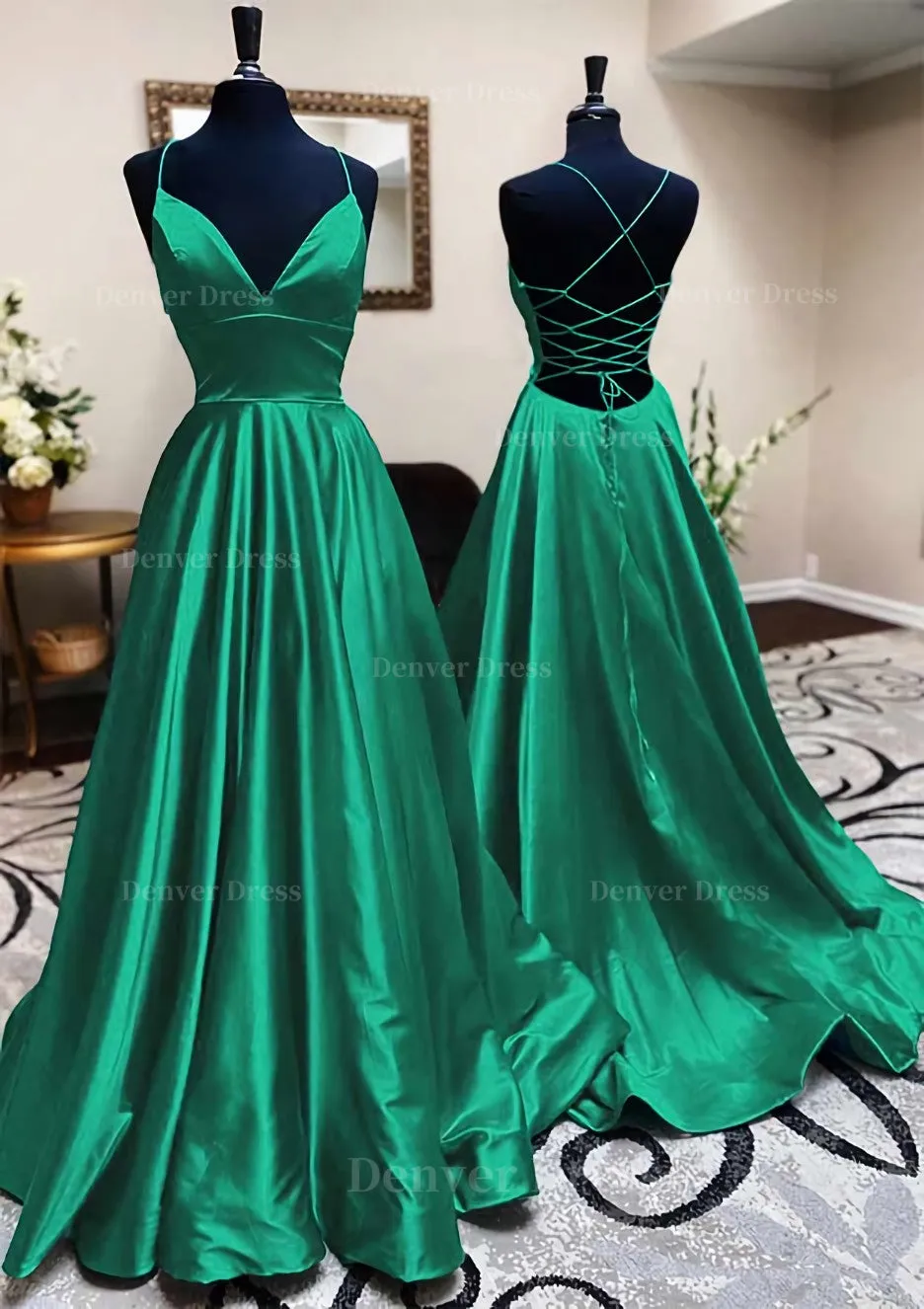 kamahe A-line V Neck Spaghetti Straps Long/Floor-Length Charmeuse Prom Dress With Pleated