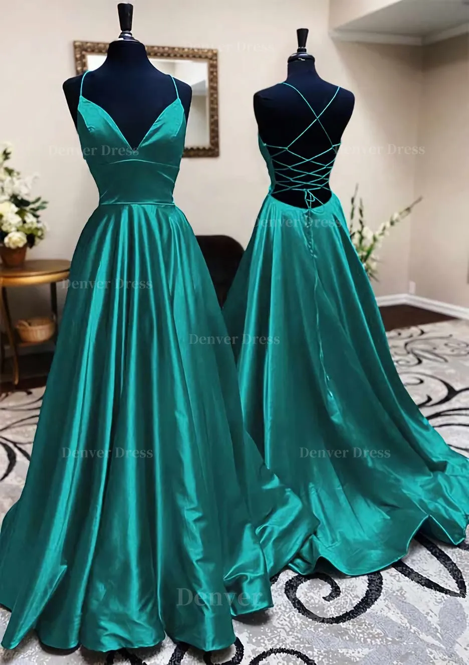 kamahe A-line V Neck Spaghetti Straps Long/Floor-Length Charmeuse Prom Dress With Pleated