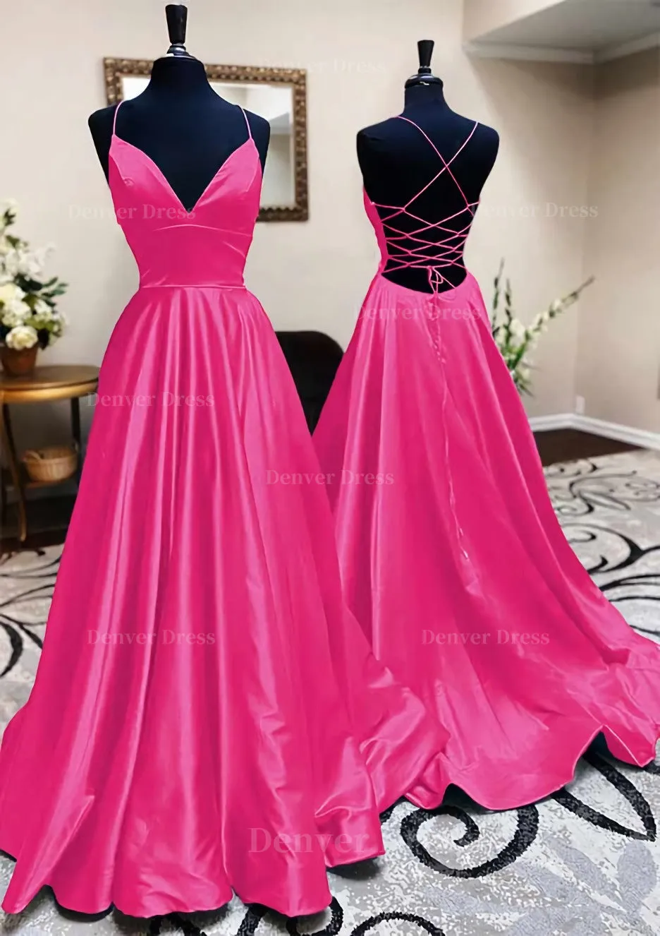 kamahe A-line V Neck Spaghetti Straps Long/Floor-Length Charmeuse Prom Dress With Pleated