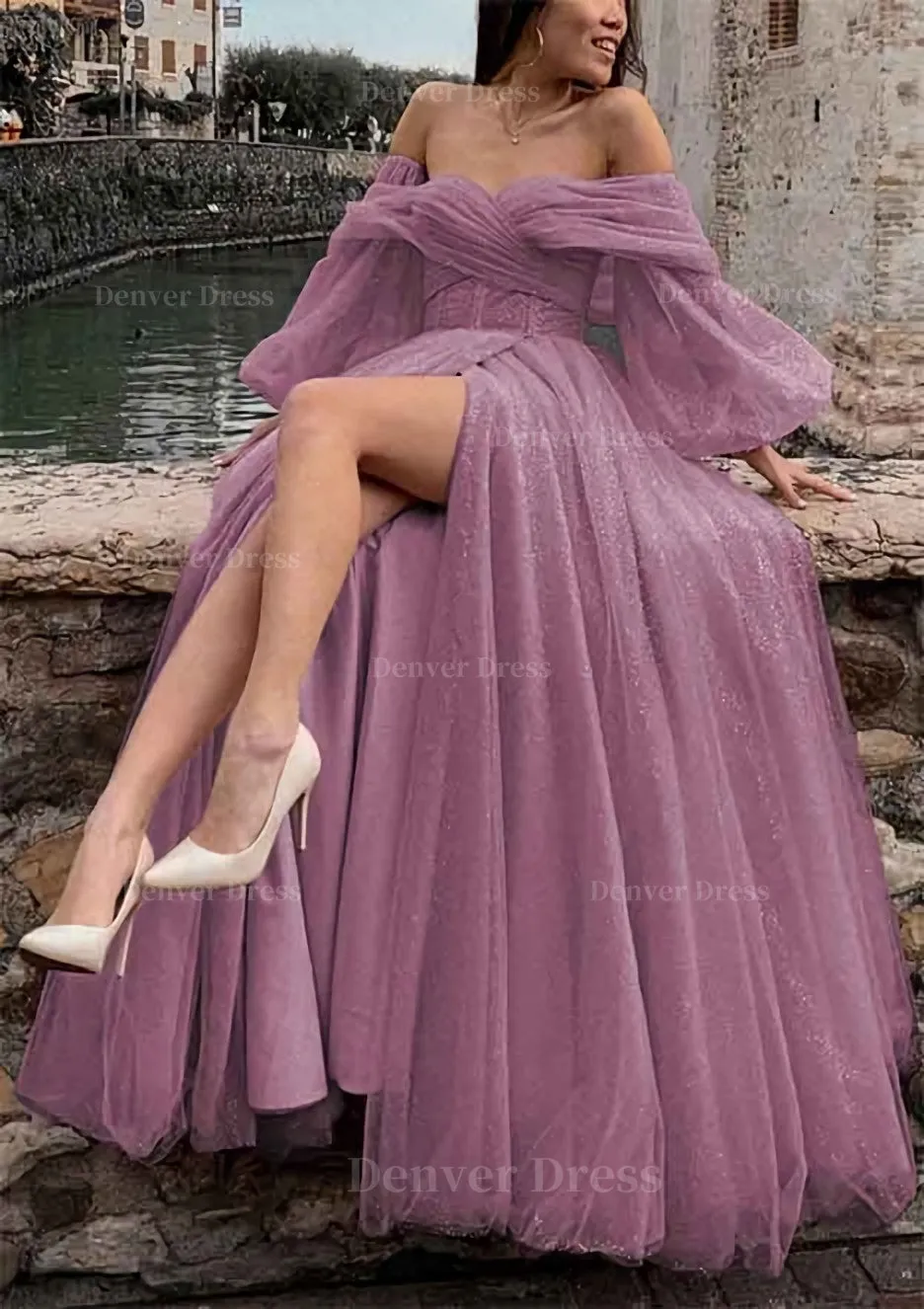 kamahe Princess Off-the-Shoulder Sweep Train Tulle Prom Dress With Pleated Split