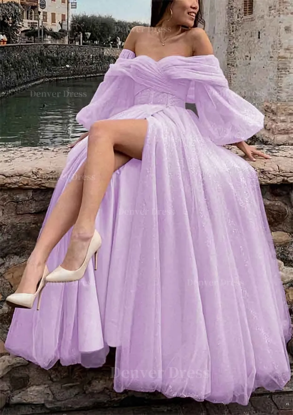 kamahe Princess Off-the-Shoulder Sweep Train Tulle Prom Dress With Pleated Split