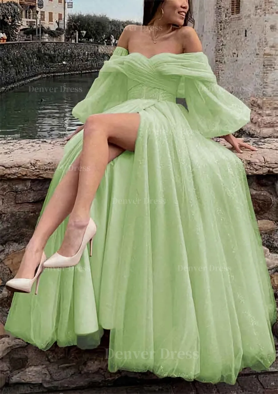 kamahe Princess Off-the-Shoulder Sweep Train Tulle Prom Dress With Pleated Split