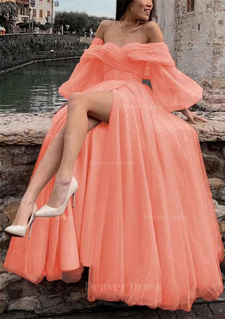 kamahe Princess Off-the-Shoulder Sweep Train Tulle Prom Dress With Pleated Split