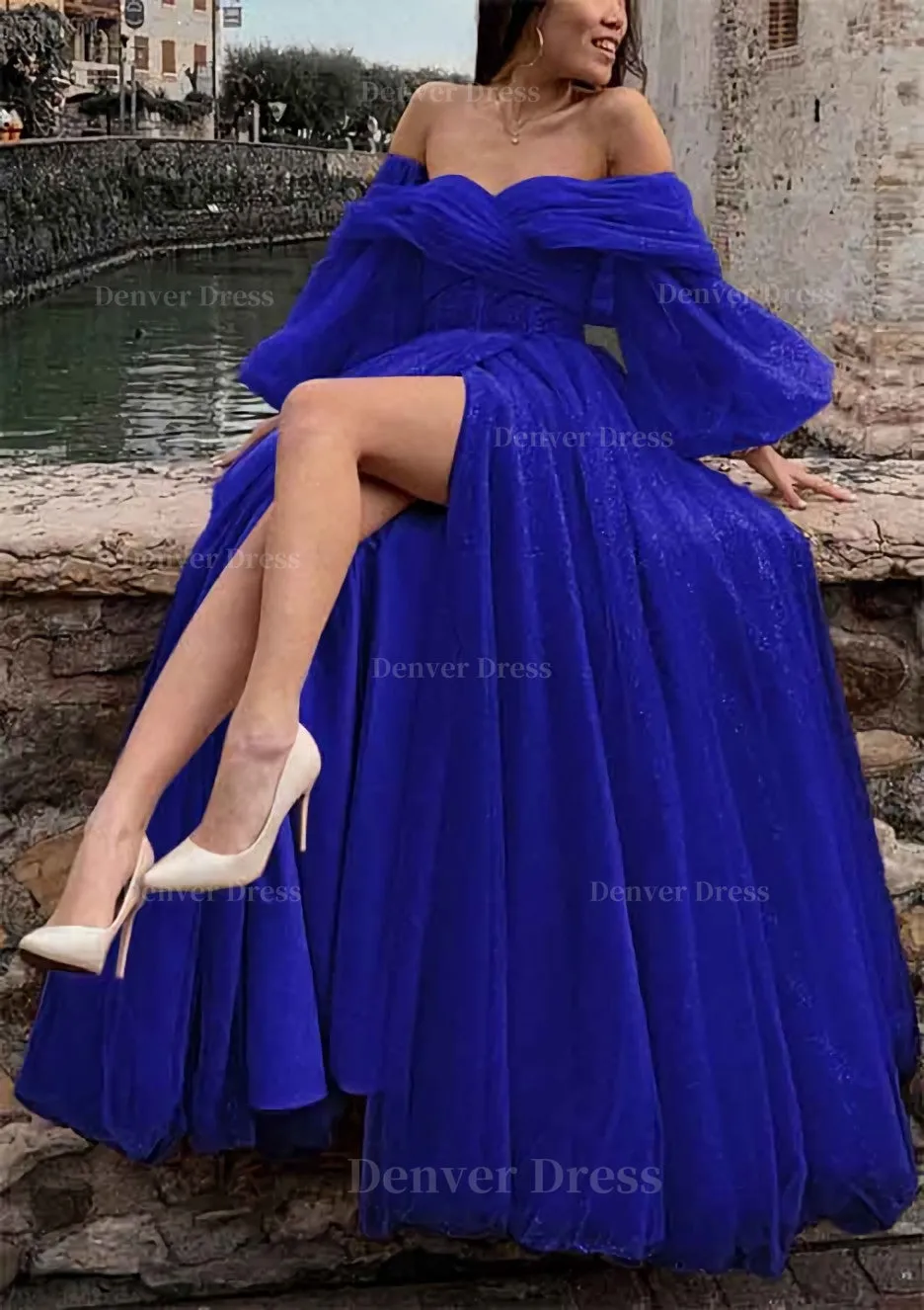 kamahe Princess Off-the-Shoulder Sweep Train Tulle Prom Dress With Pleated Split