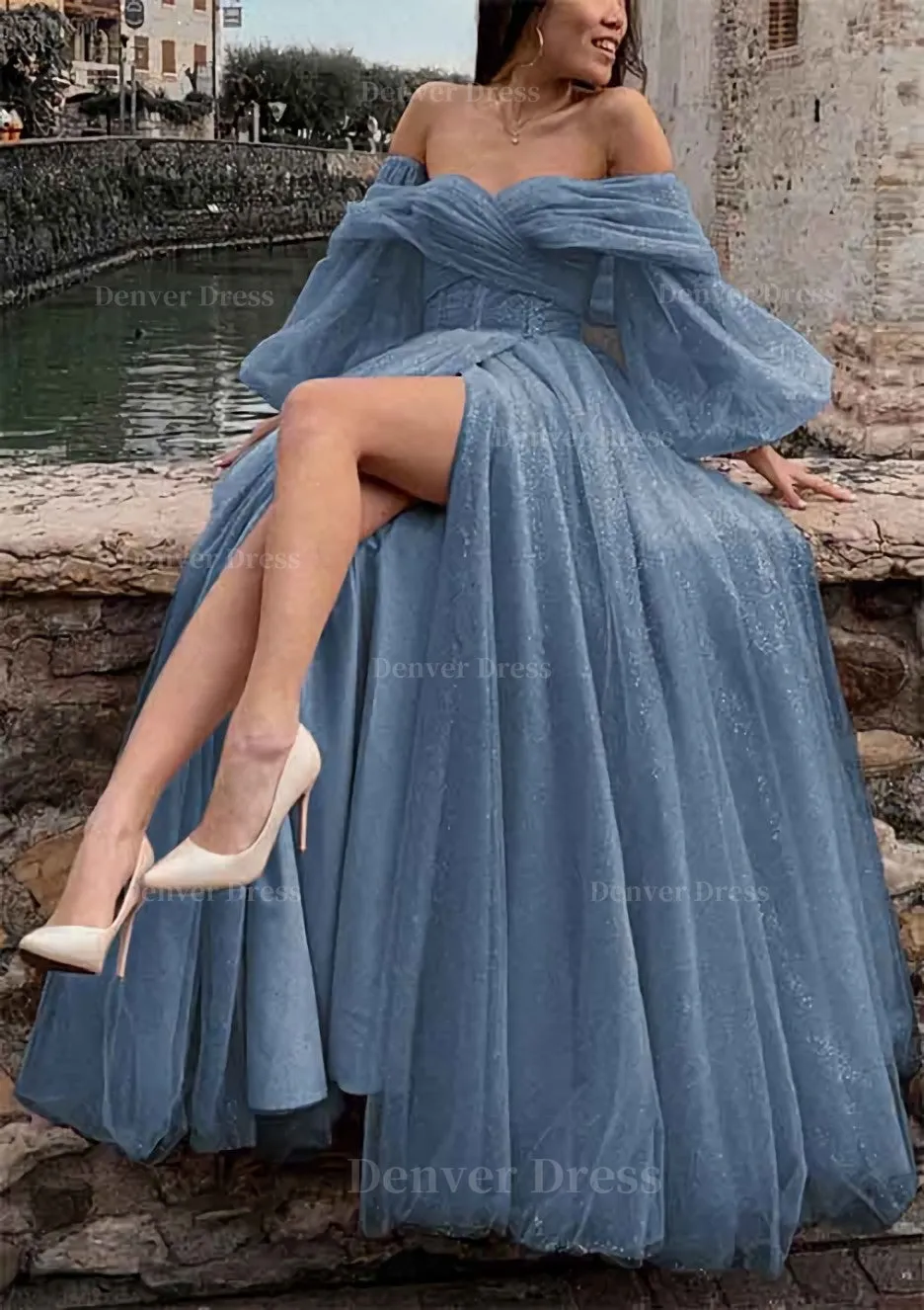 kamahe Princess Off-the-Shoulder Sweep Train Tulle Prom Dress With Pleated Split