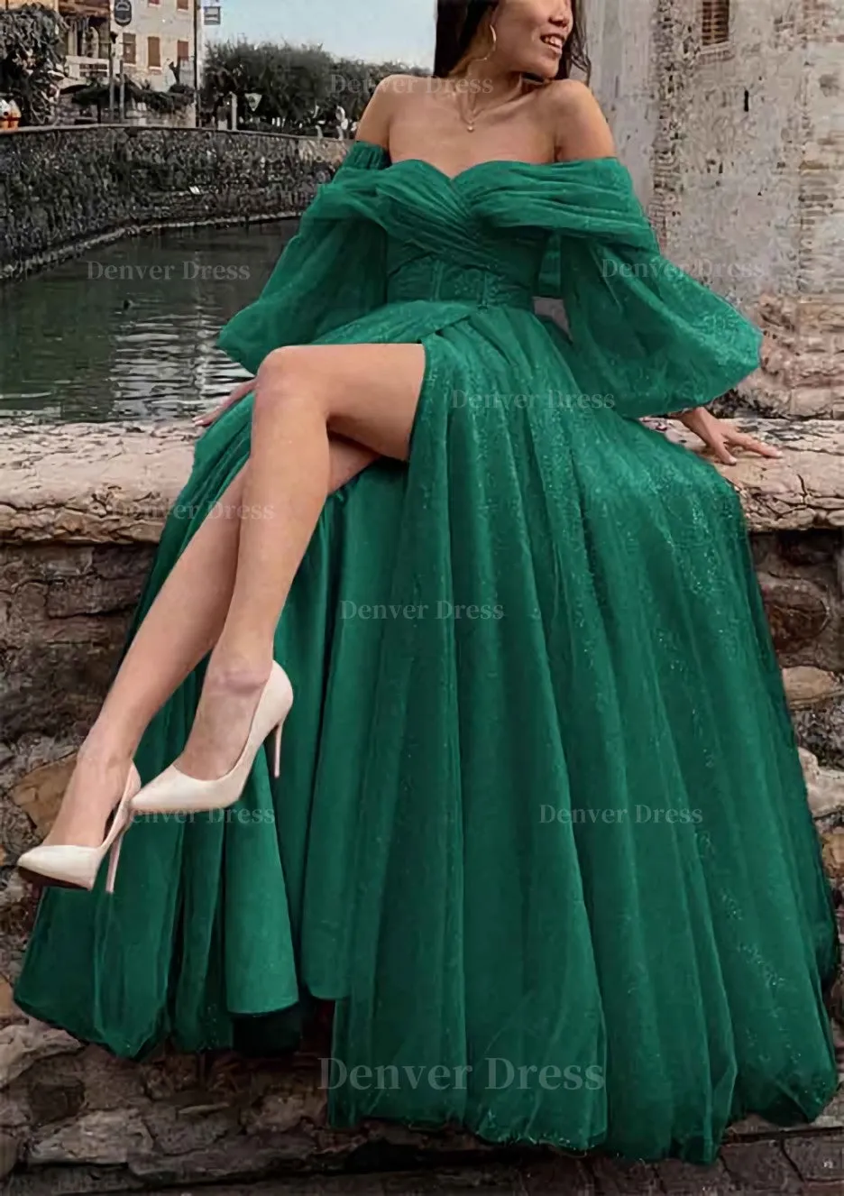 kamahe Princess Off-the-Shoulder Sweep Train Tulle Prom Dress With Pleated Split