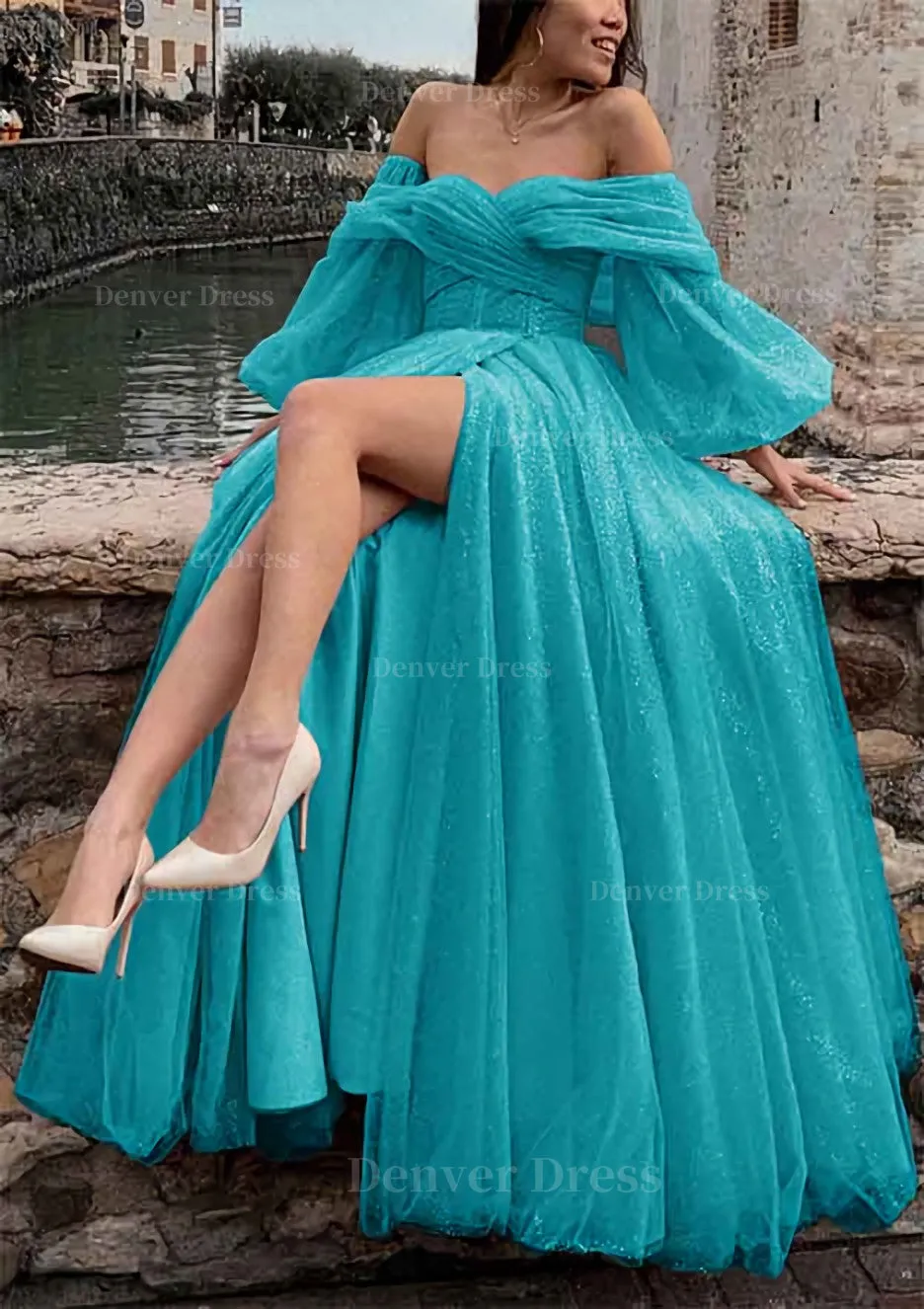 kamahe Princess Off-the-Shoulder Sweep Train Tulle Prom Dress With Pleated Split