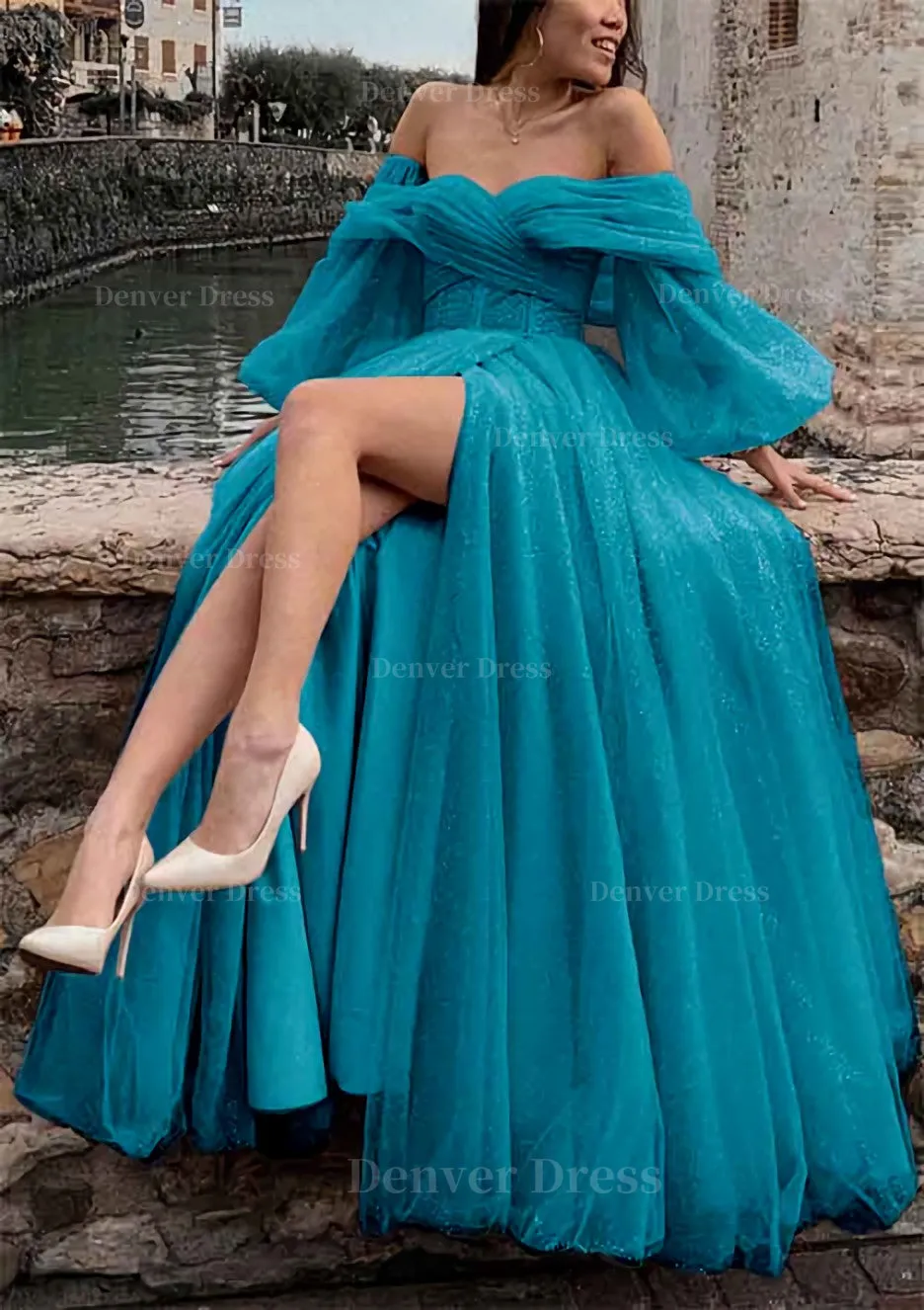 kamahe Princess Off-the-Shoulder Sweep Train Tulle Prom Dress With Pleated Split