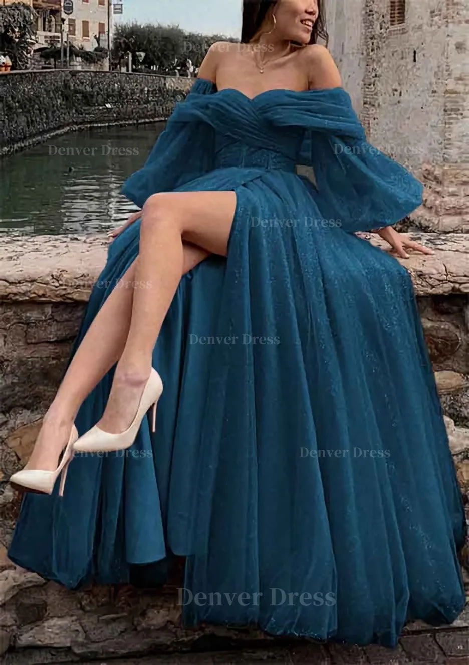 kamahe Princess Off-the-Shoulder Sweep Train Tulle Prom Dress With Pleated Split