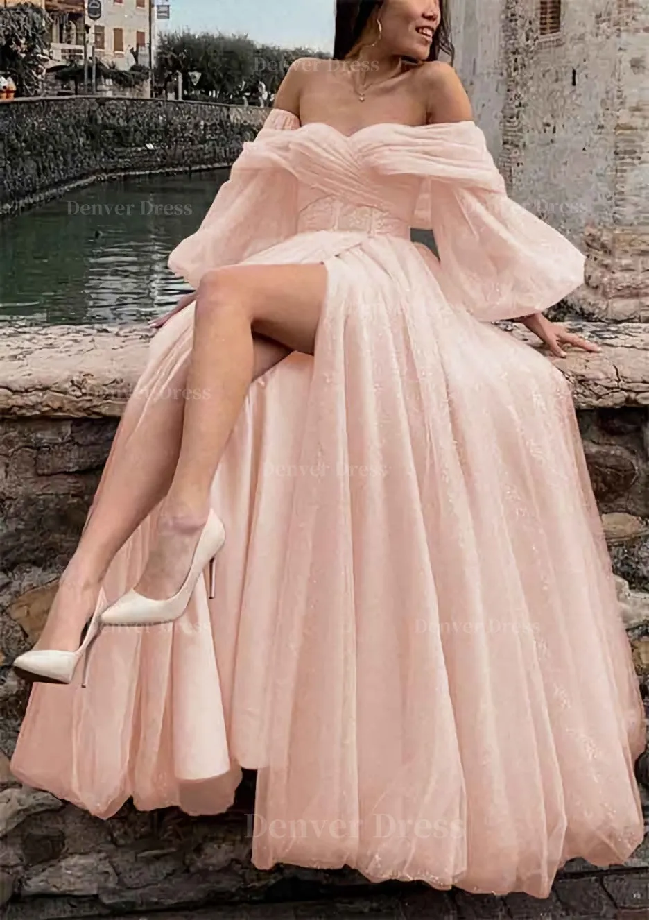 kamahe Princess Off-the-Shoulder Sweep Train Tulle Prom Dress With Pleated Split