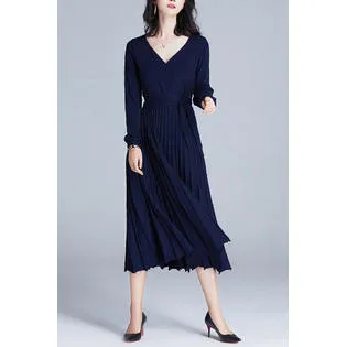 Ketty More Women Pretty Solid Color Long Sleeve Easy V-Neck Pleated Hem Mid Length Pullover Winter Party Dress - KMWDC989