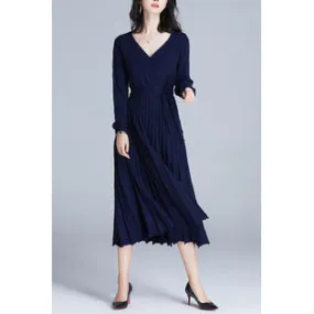 Ketty More Women Pretty Solid Color Long Sleeve Easy V-Neck Pleated Hem Mid Length Pullover Winter Party Dress - KMWDC989