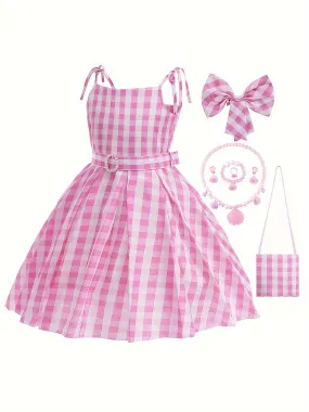 Knee-High Pink Plaid Girls Dress with Belt, Headwear, Backpack, and Jewelry - Cute Slingback Design, Non-Stretch Polyester Fabric, Flared Hem, Woven, Spring/Summer Wear