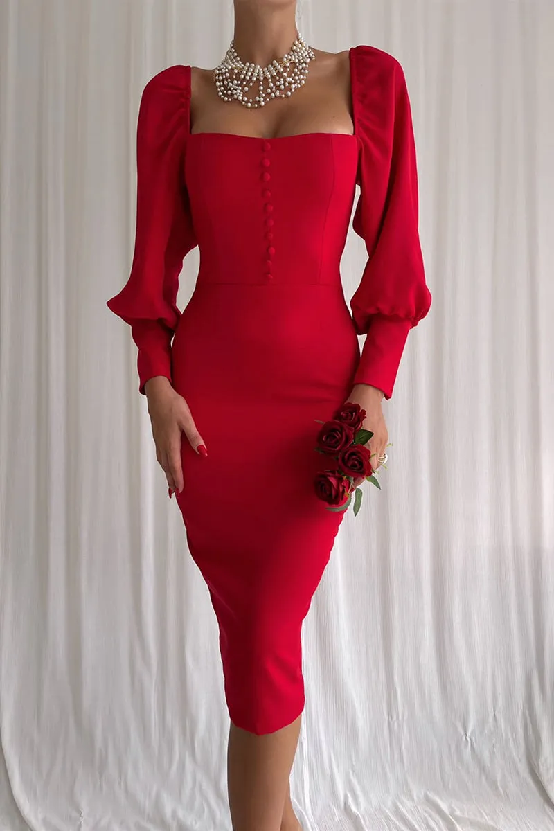 L1863 - Sheath/Column Square Neck Long Sleeves Satin Knee Length Evening Dress