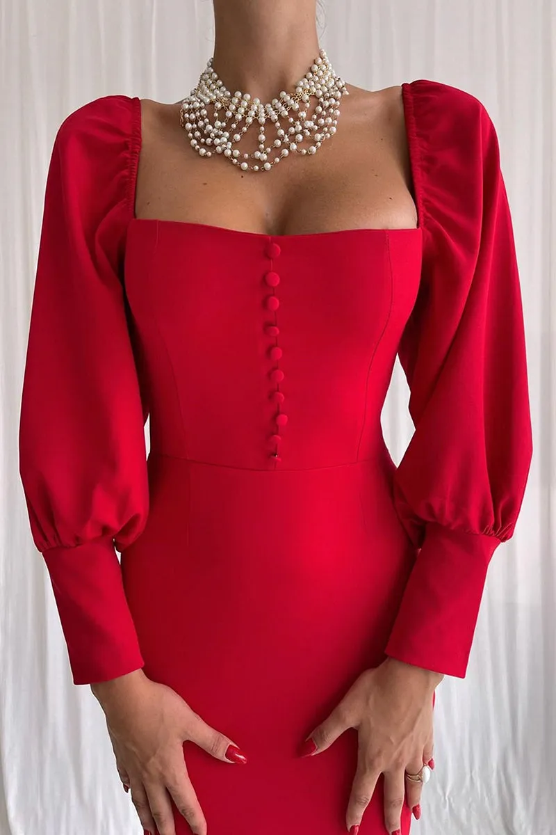 L1863 - Sheath/Column Square Neck Long Sleeves Satin Knee Length Evening Dress