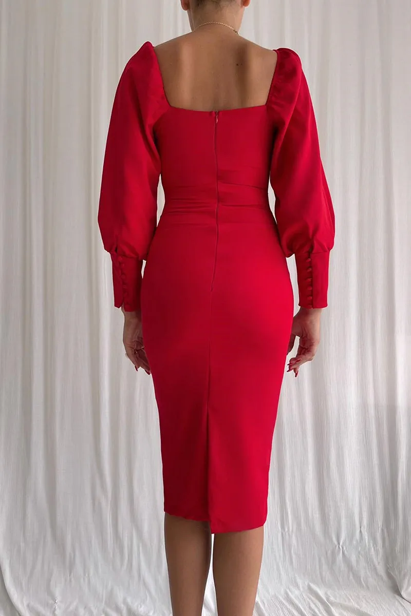 L1863 - Sheath/Column Square Neck Long Sleeves Satin Knee Length Evening Dress