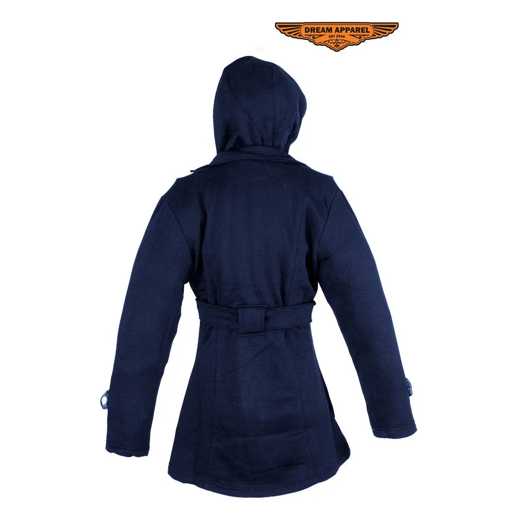 Ladies Navy Button Up Coat W/ Belt and Removable Hood