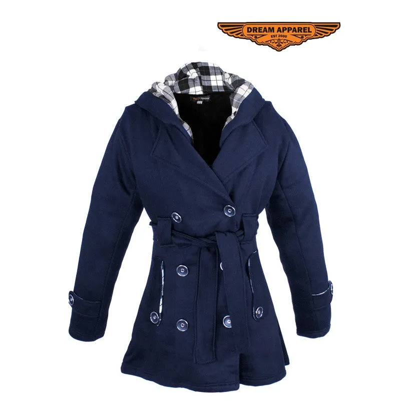 Ladies Navy Button Up Coat W/ Belt and Removable Hood