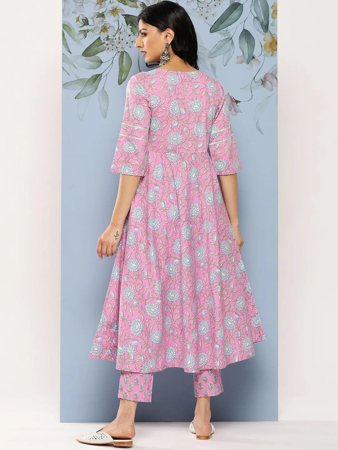 Lavender Printed Cotton Anarkali Kurta With Trousers