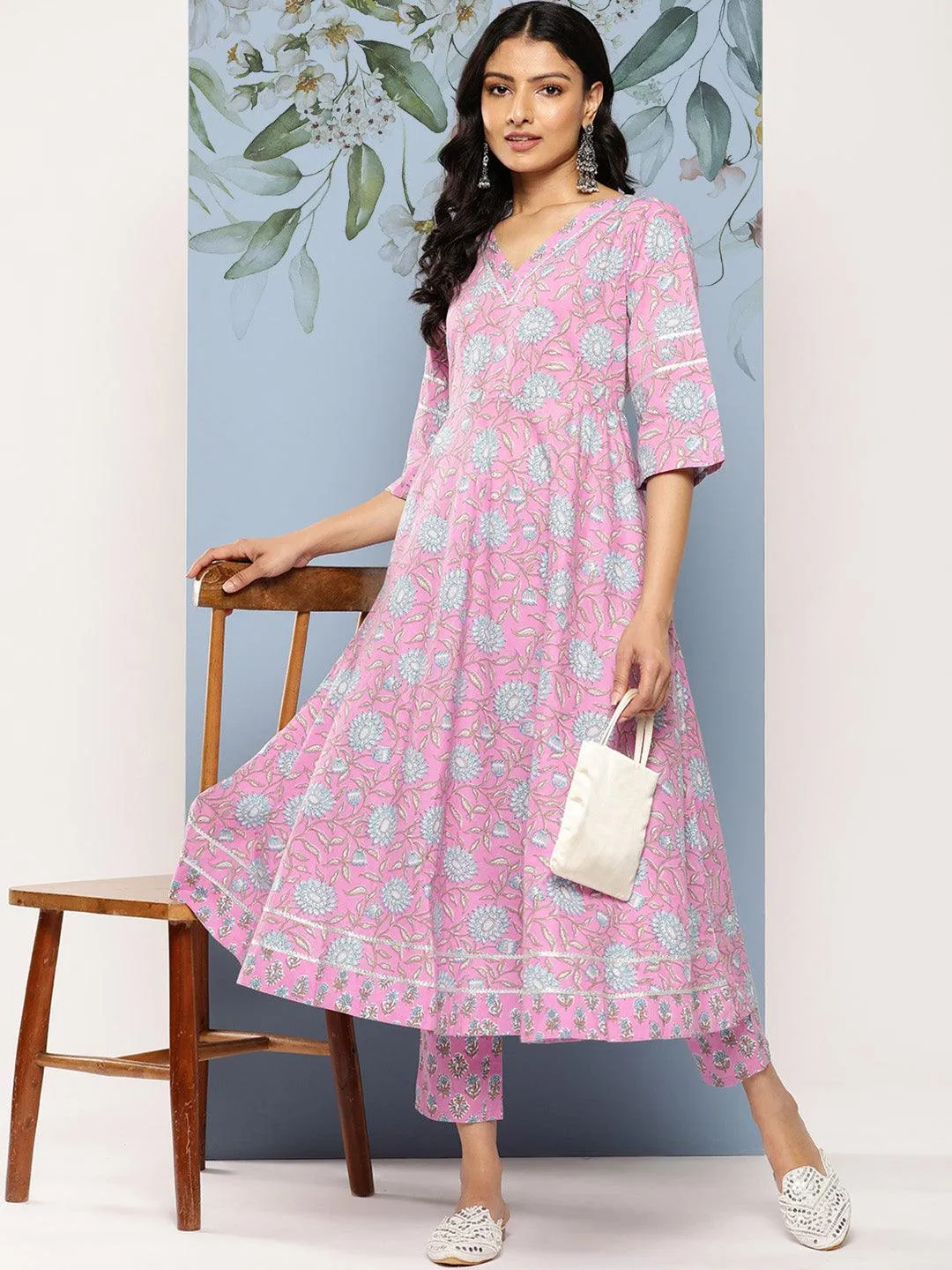 Lavender Printed Cotton Anarkali Kurta With Trousers