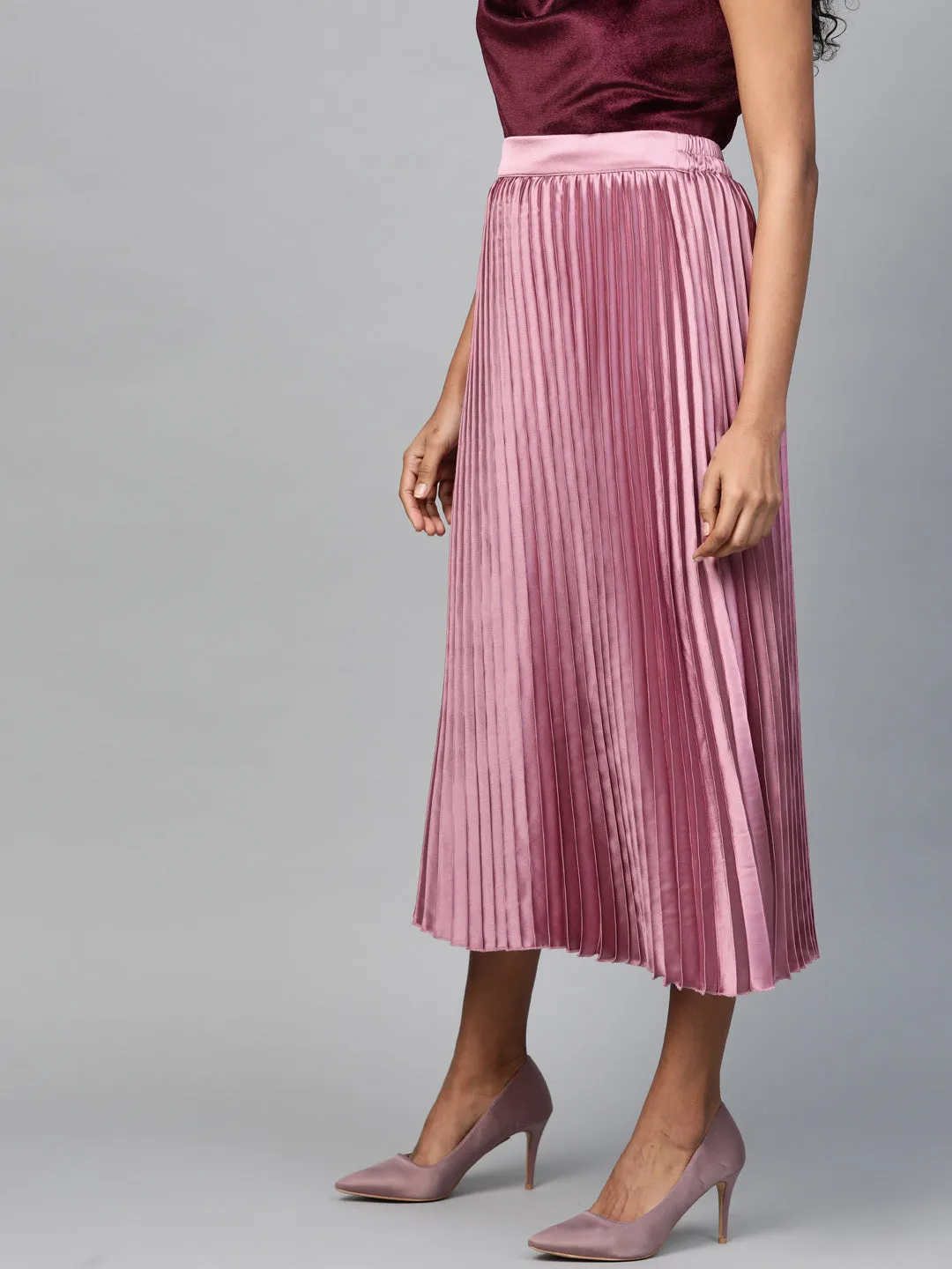 Lavender Satin Pleated Midi Skirt