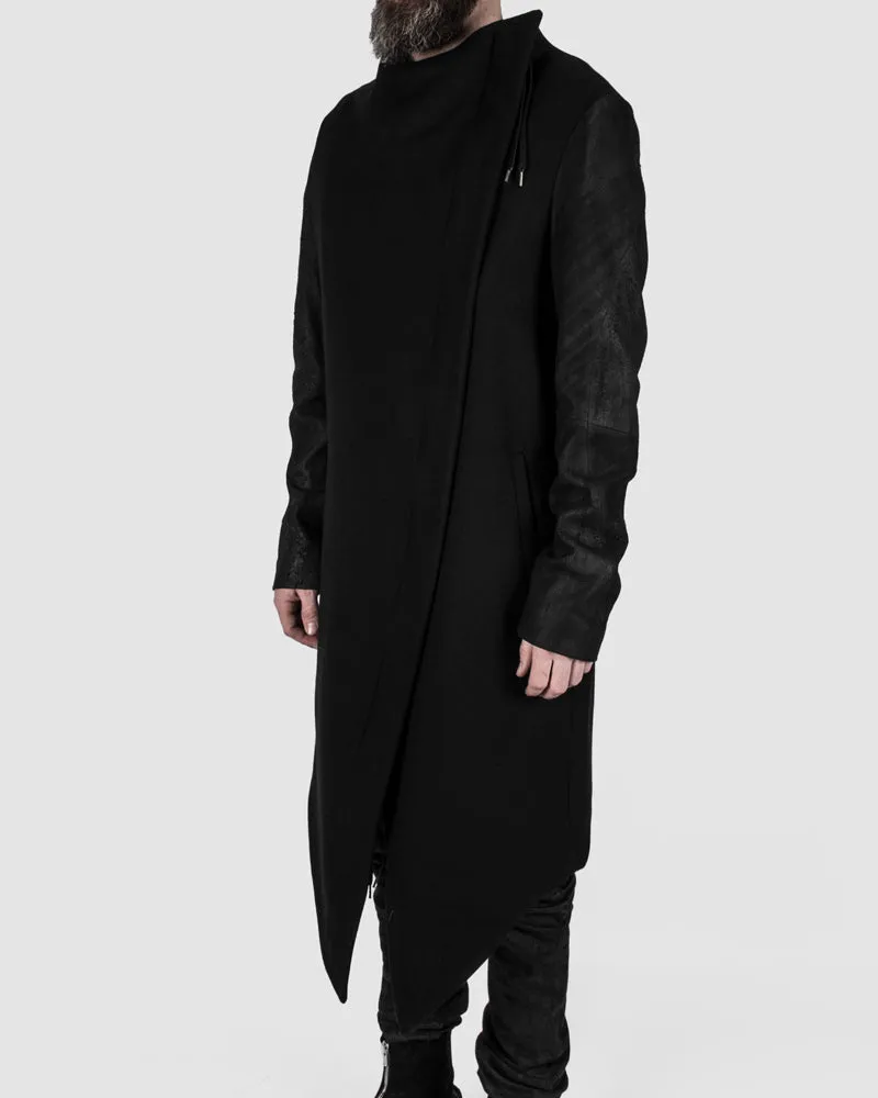 Leather sleeved wool coat