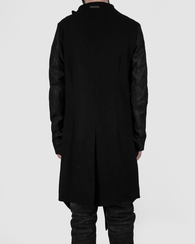 Leather sleeved wool coat