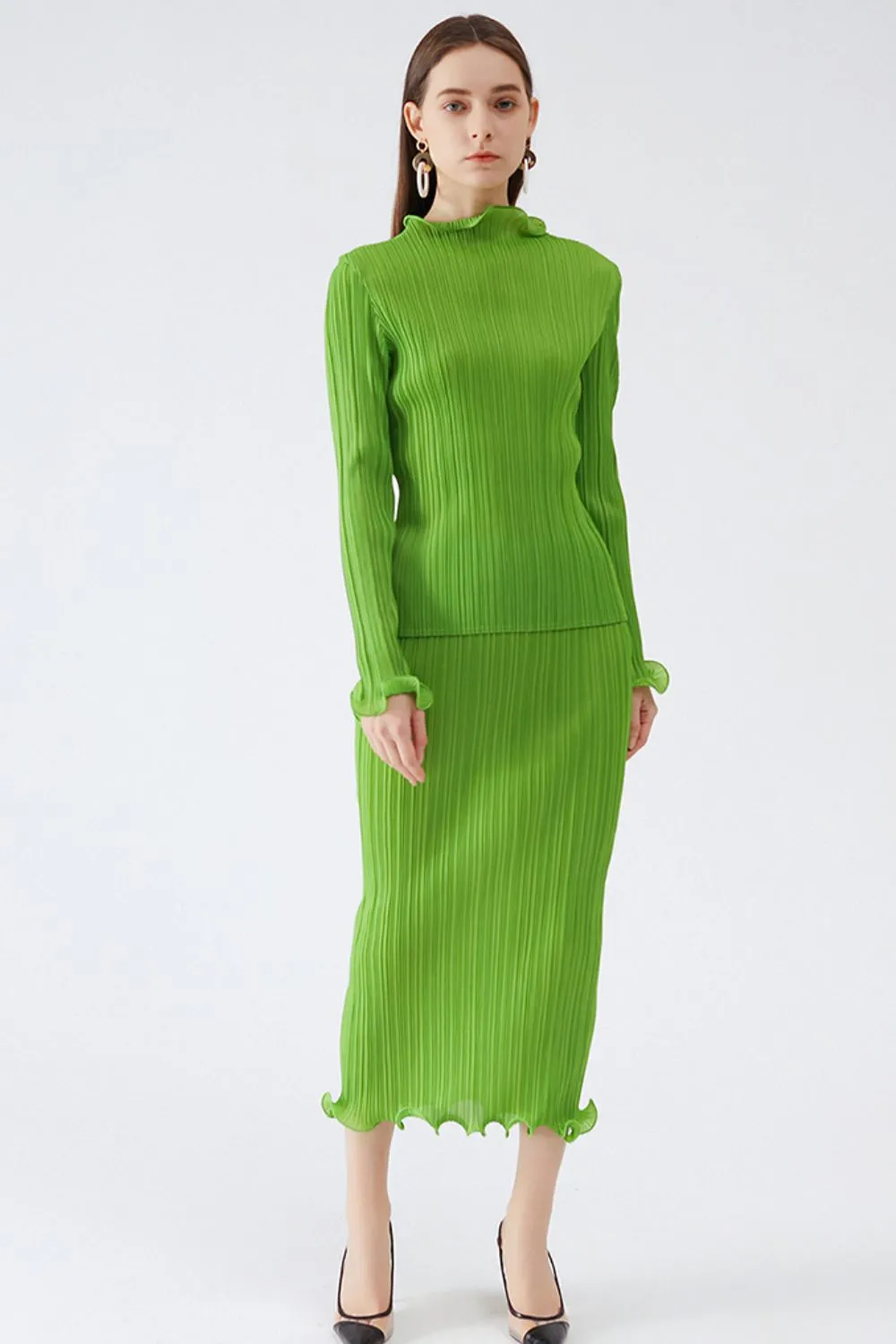 Lettuce Trim Accordion Pleated Top and Skirt Set