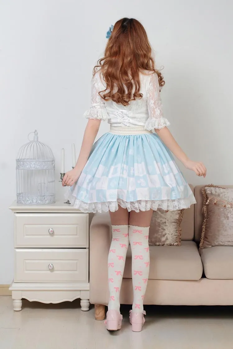 Light Sky Blue Sweet Checkered Elastic Waist Lolita Skirt For Lady with Crowned Bow