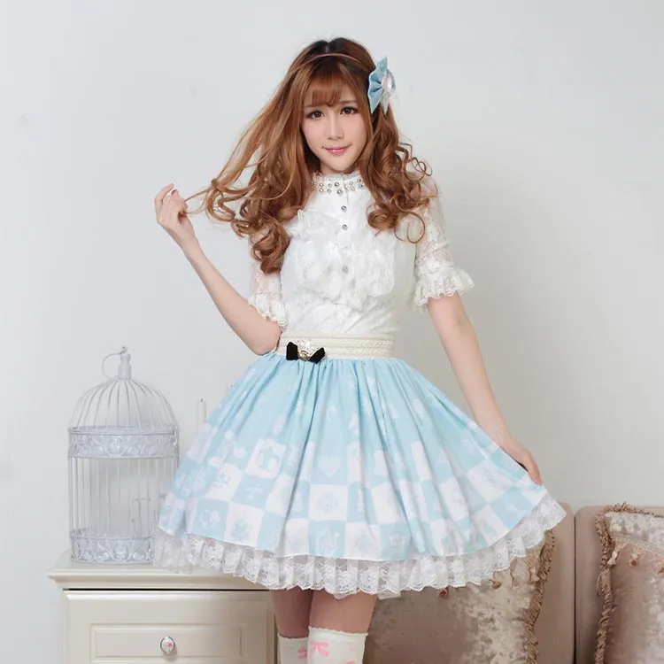 Light Sky Blue Sweet Checkered Elastic Waist Lolita Skirt For Lady with Crowned Bow