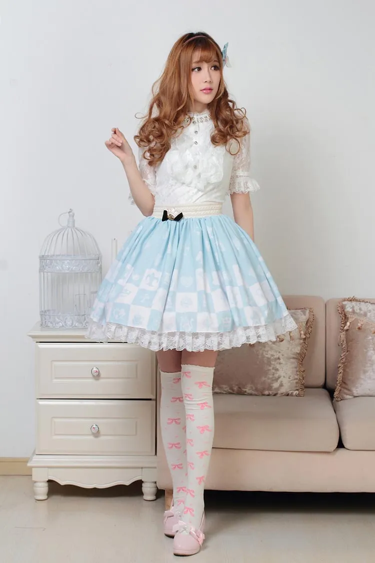 Light Sky Blue Sweet Checkered Elastic Waist Lolita Skirt For Lady with Crowned Bow