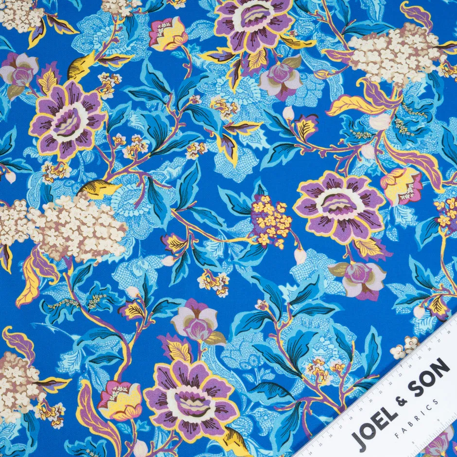 Lilac Floral Printed Royal Blue Wool & Cotton Blend