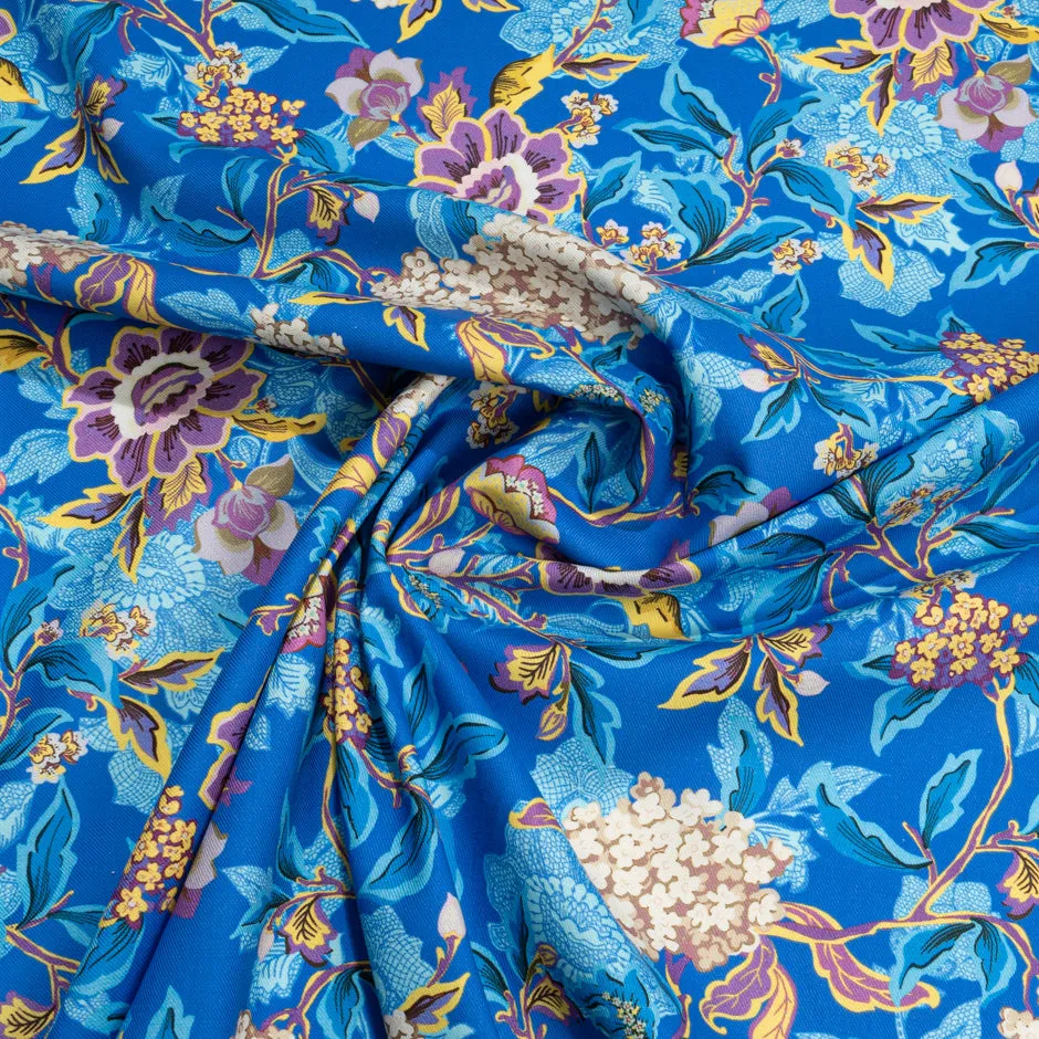 Lilac Floral Printed Royal Blue Wool & Cotton Blend