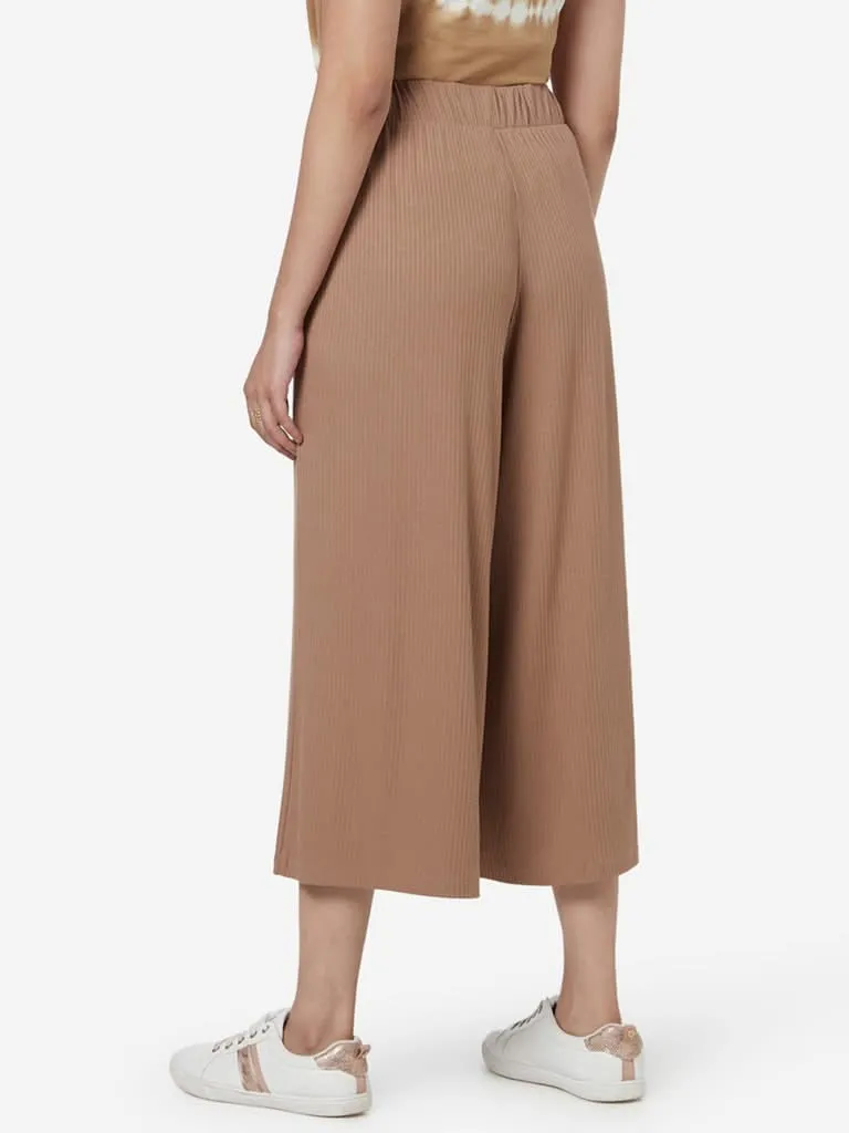 LOV Beige Ribbed Pattern Flared Culottes