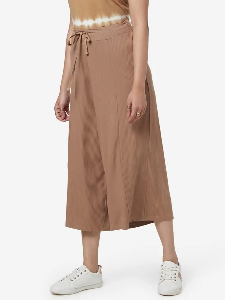 LOV Beige Ribbed Pattern Flared Culottes