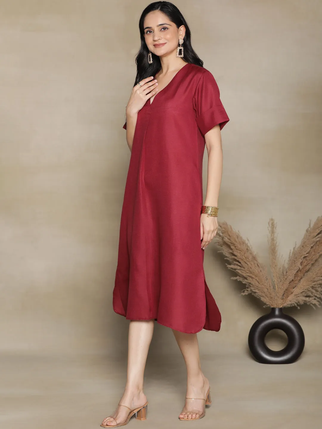 Maroon CottonSlub PleatedDress