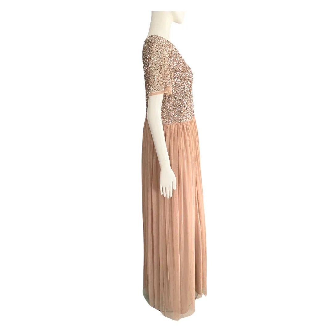 MAYA Tall Sequins Tulle Maxi Dress Taupe SIZE 16