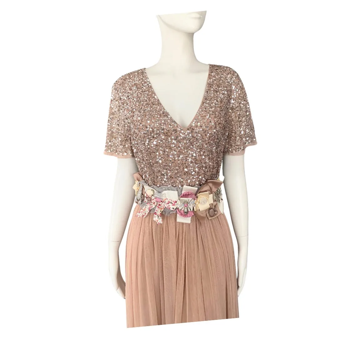 MAYA Tall Sequins Tulle Maxi Dress Taupe SIZE 16