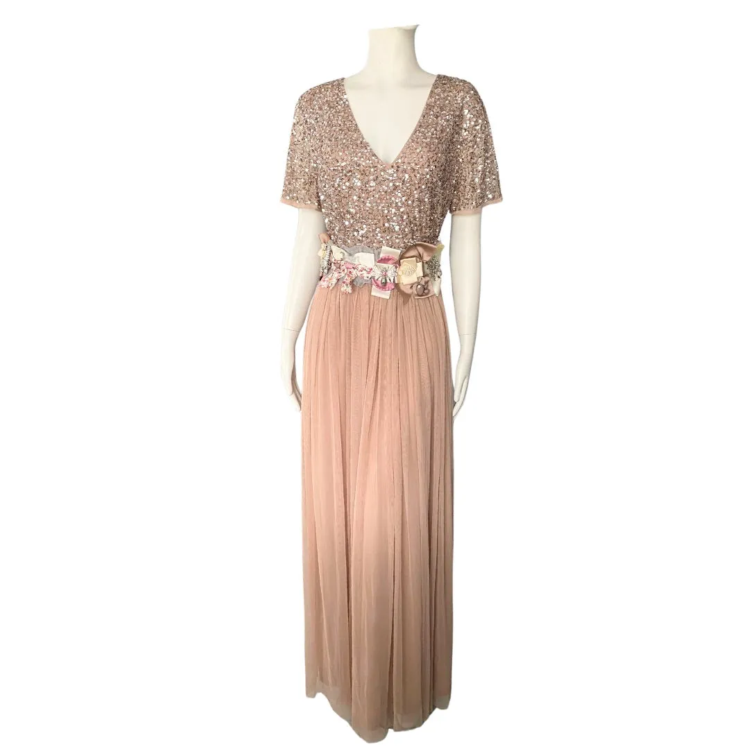 MAYA Tall Sequins Tulle Maxi Dress Taupe SIZE 16