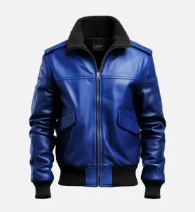 Men's Aviator Blue Leather Bomber Jacket