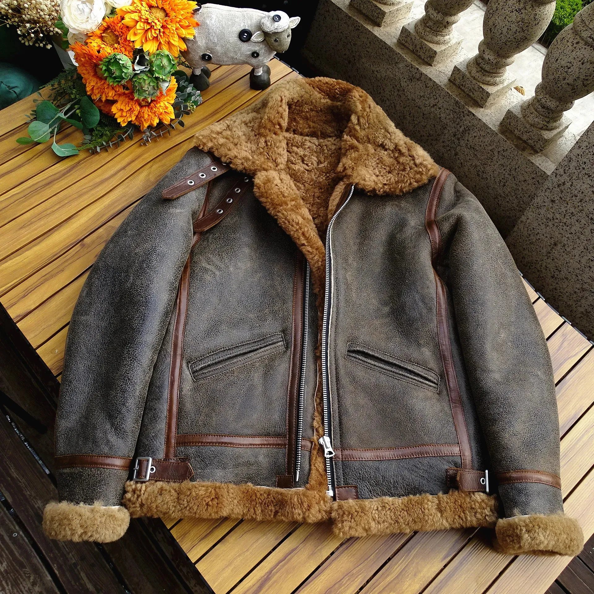 Men's B3 Bomber Jacket Sheepskin Slim Fit Military Style