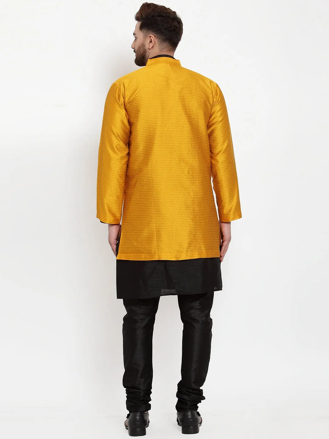 Men's Black Kurta With Pyjama & Mustard Self Design Jacket - Benstoke