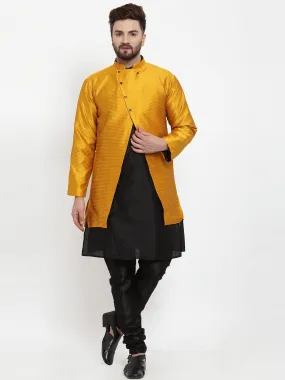 Men's Black Kurta With Pyjama & Mustard Self Design Jacket - Benstoke