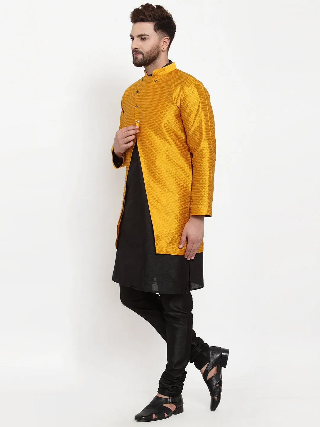 Men's Black Kurta With Pyjama & Mustard Self Design Jacket - Benstoke